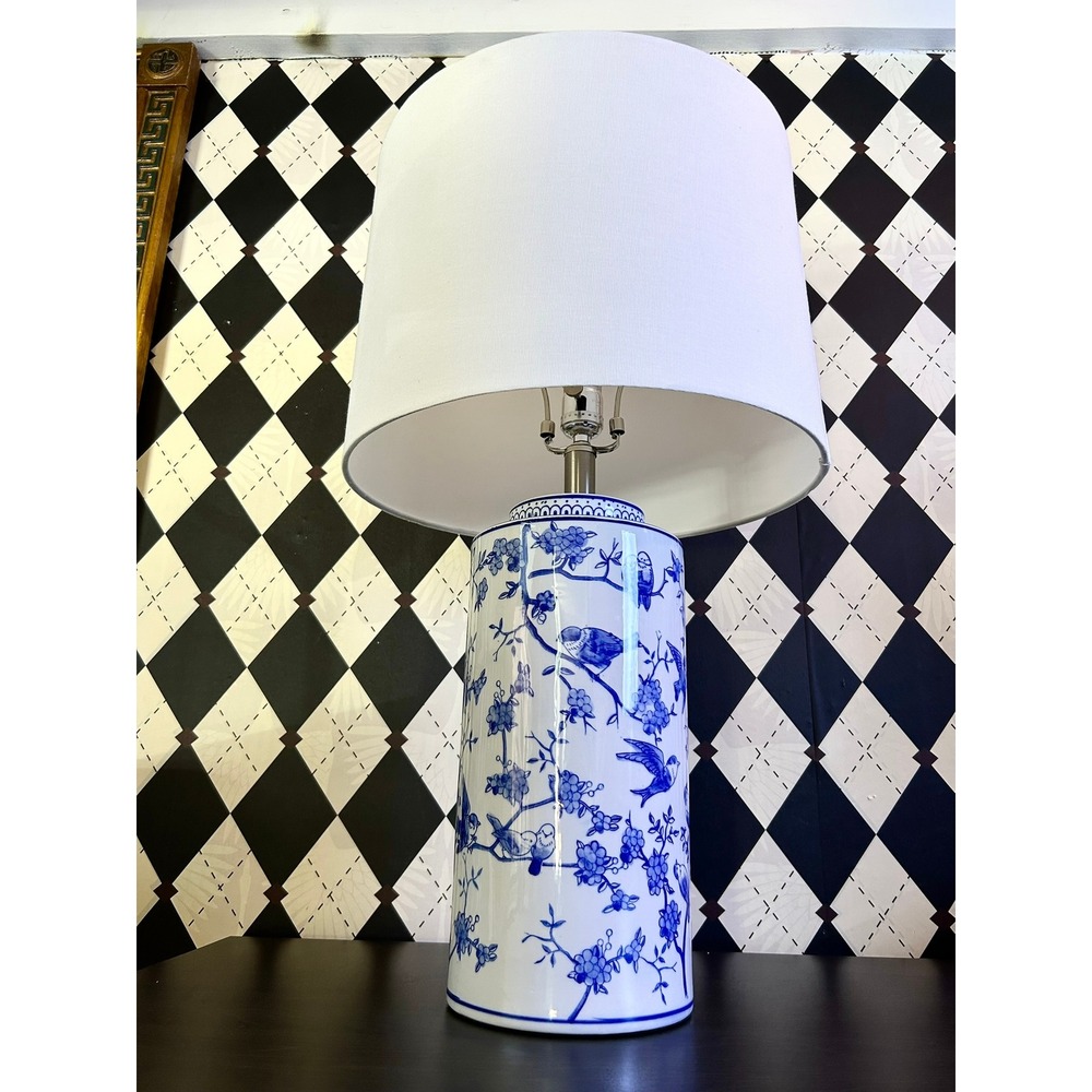Tall Blue White Chinoiserie Table Lamp Ceramic Bird Floral Ginger Jar 25.5" - Picture 6 of 15